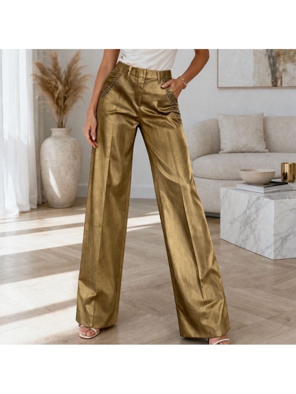 Bottega Veneta beaded designer Italian Wide-Leg Metallic Gold Pants 44/ 8-10